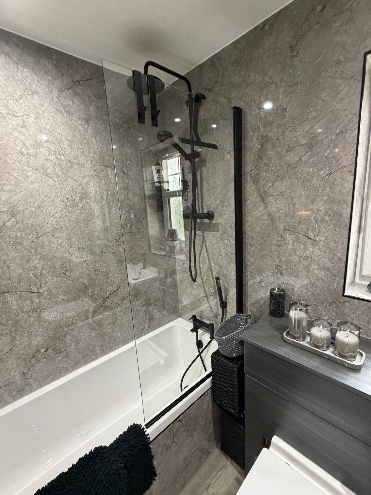 Marble bathroom with freestanding bath, glass shower screen, rainfall shower and vanity — EscapeHaus Joinery, Fife